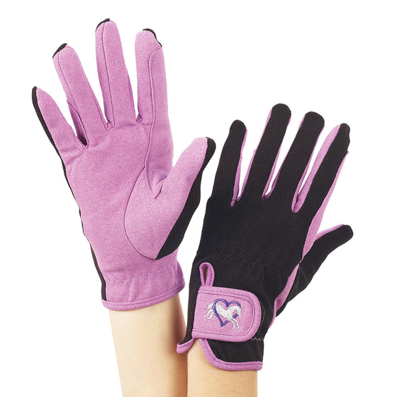 Kids' Embroidered Riding Gloves - Purple/Black