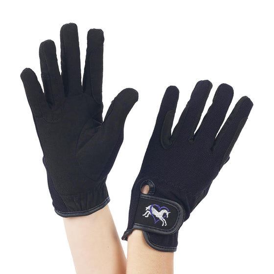 Kids' Embroidered Riding Gloves - Black