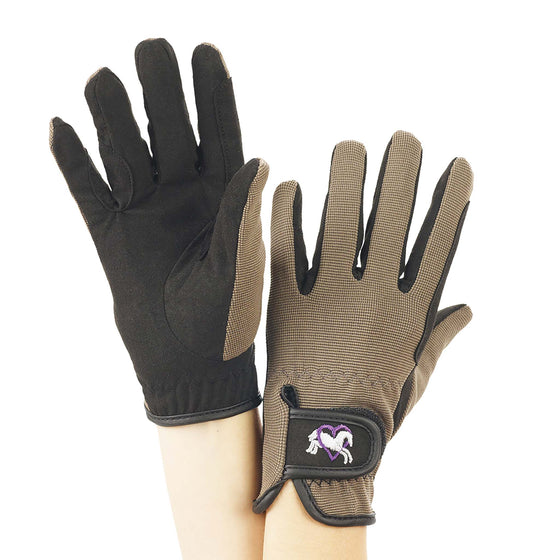 Kids' Embroidered Riding Gloves - Black/Grey