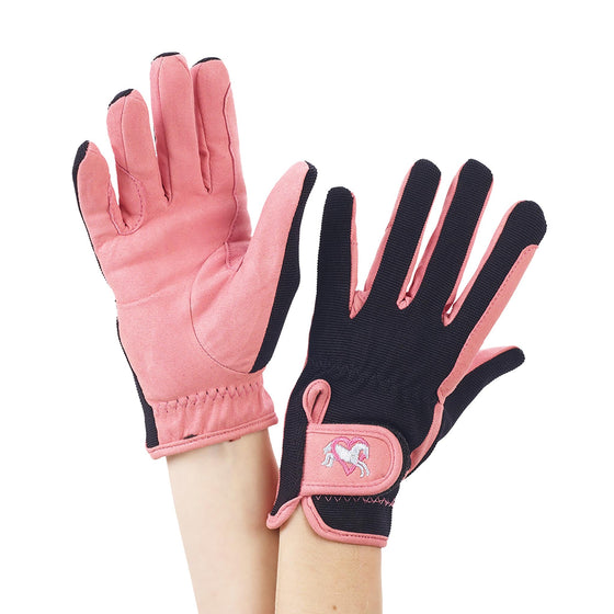 Kids' Embroidered Riding Gloves - Pink/Black