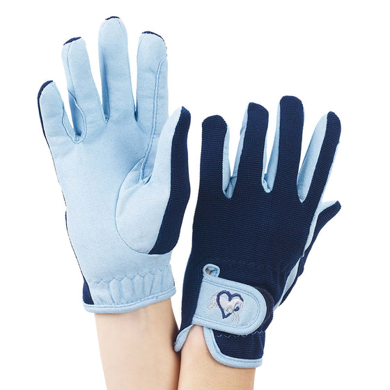 Kids' Embroidered Riding Gloves - Sky Blue/Navy Trim