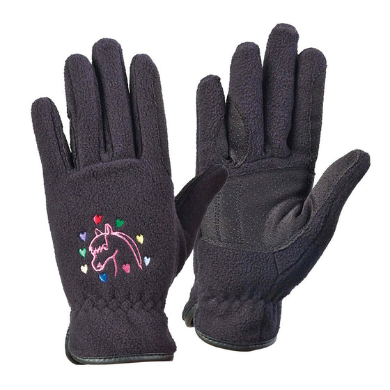 Kids' Embroidered Fleece Winter Riding Gloves - Black